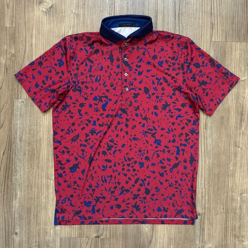 Greyson Golf Wolf Forest Print Print Short Sleeve Polo Shirt Size Medium *Logo*